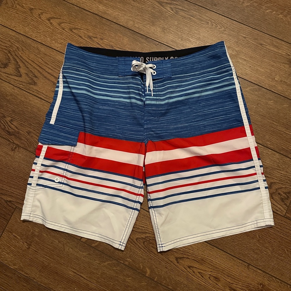 Men's Blue and Red Striped Swim Shorts